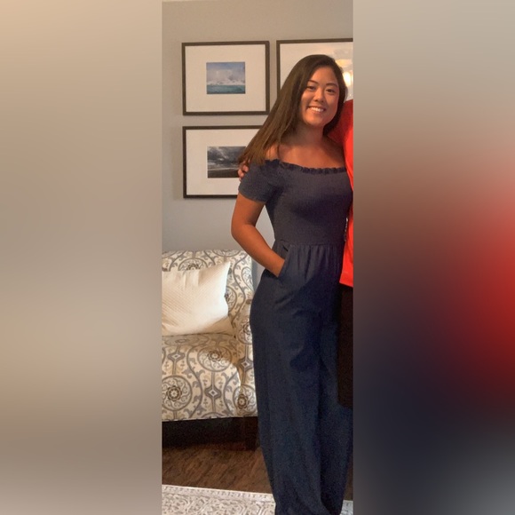Blue Rain Pants - EUC. Francesca’s denim jumpsuit romper with pockets.